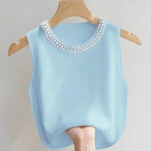 Sleeveless Pearl-Embellished Light Blue Top
